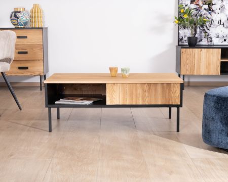 Mesa de centro de estilo «newtro» en madera maciza natural y negra «Sydney» con puertas correderas