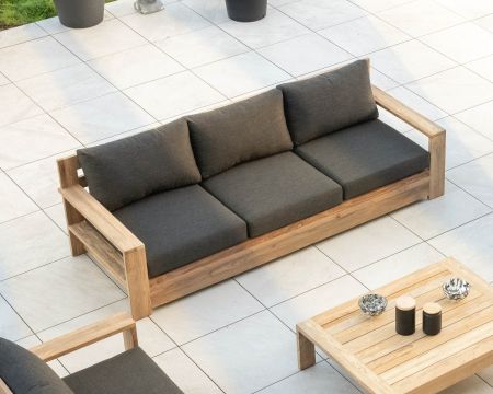 Sofá de jardín de 3 plazas de alta gama «Zénith», de teca acolchada con tapizado de tela gris oscuro