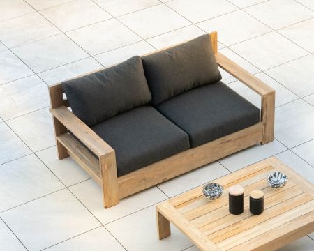 Sofá de jardín de 2 plazas de alta gama «Zénith», de teca acolchada con tapizado de tela gris oscuro