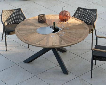 Mesa de jardín de alta gama «Hélios» con tablero en forma de roseta y cubitera integrada 