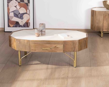 Mesa de centro de estilo retro-chic de madera de mango con tablero de terrazo blanco «Bruges»