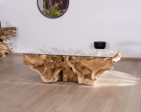 Mesa de centro de raíz de teca natural con tablero rectangular de cristal «Jungle»