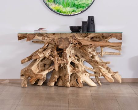Consola de raíz de teca natural con tablero de cristal «Jungle»