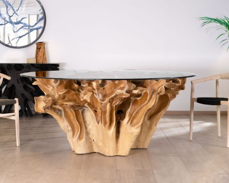 Mesa de comedor redonda de raíz de teca natural con tablero de cristal «Jungle»