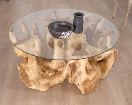 Mesa de salón redonda de raíz de teca natural con tablero de cristal «Jungle»