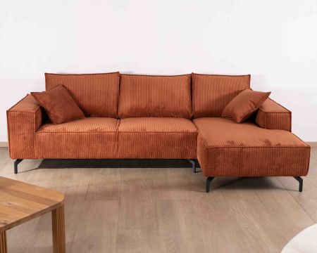 Sofá esquinero de terciopelo acanalado con chaise longue «Pueblo», con orientación y colores a elegir