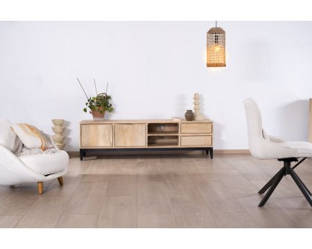 Mueble de televisión grande de 180 cm de madera maciza de mango con puertas, compartimentos y cajones «Gola»