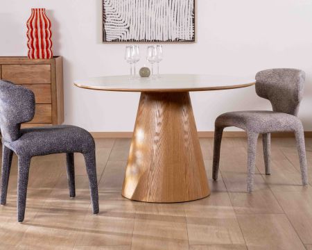 Mesa redonda de 120 cm con tablero de cerámica blanco con efecto mármol «Oria» y base con acabado de roble