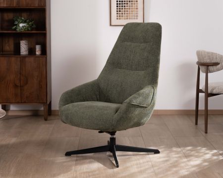 Sillón giratorio de tejido bouclé verde caqui «Mado», con un estilo natural y gran comodidad