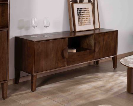 Mueble para la tele de estilo neorretro en madera maciza de mango oscuro, 150 cm, «Kaldo»