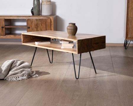 Mesa de salón de líneas sencillas con tablero de acacia y hueco central «Wendy»