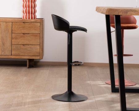 Taburete de bar ajustable de diseño «Oja» con asiento de tela texturizada negra