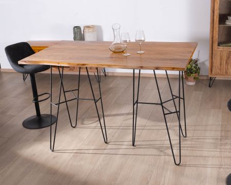 Mesa alta de líneas sencillas de acacia con patas metálicas, modelo «Wendy», 160 cm