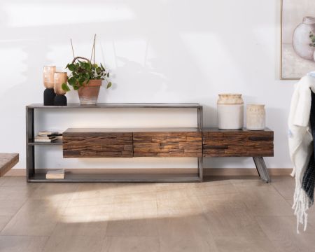 Mueble para la tele de 195 cm, original, de madera y metal, modelo «Crescendo», con iluminación LED