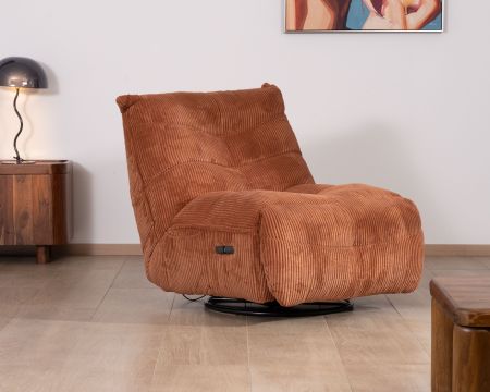 Sillón envolvente de terciopelo acanalado color terracota «Cascada», giratorio y con reposapiés abatible