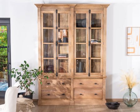 Aparador de madera maciza de mango de 170 cm con puertas acristaladas y cajones «Santa»