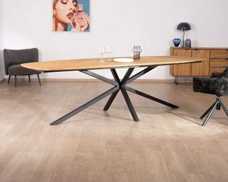 Mesa de comedor XXL de 280 cm de teca reciclada con patas «Bahía» de estilo mikado en forma de barco