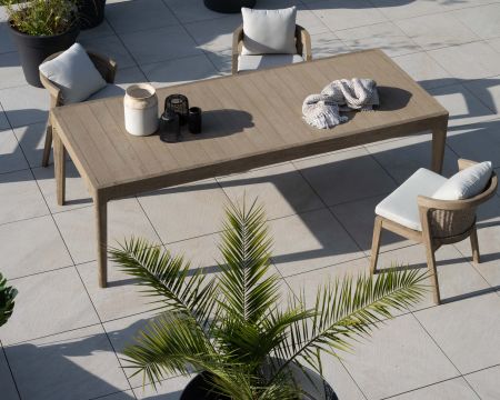 Mesa de comedor especial para exterior de 240 cm, de teca con acabado lijado y grisáceo «Verona»