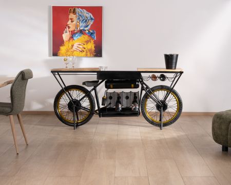 Consola vintage para moto muy original, de madera y metal negro, «Crazy»
