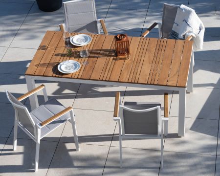 Mesa de comedor de 180 cm para exterior, de aluminio blanco y teca «Dolce Vita»