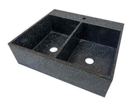 Fregadero grande de terrazo negro para encastrar, con dos cubetas