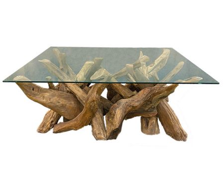 Mesa de centro con cristal y base de raíz de teca natural reciclada «Farmer»