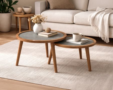Duo de tables basses esprit rétro "Netty" plateaux placage pierre