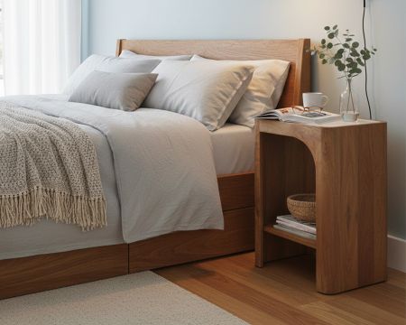 Table de chevet en bois foncé design organique "Netty" avec plateau effet travertin