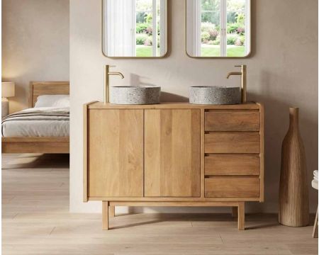 Mueble bajo lavabo de 120 cm con puertas y cajones «Kahiko», de madera de mango en tono roble claro