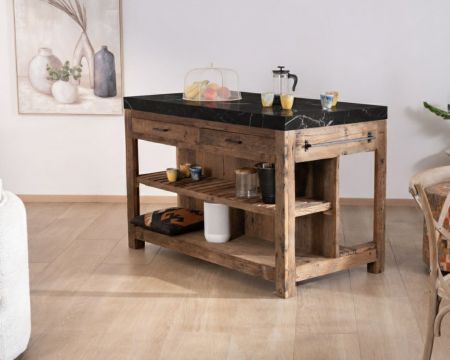  Tabla de cocina de teca reciclada con superficie de mármol negro «Grana»