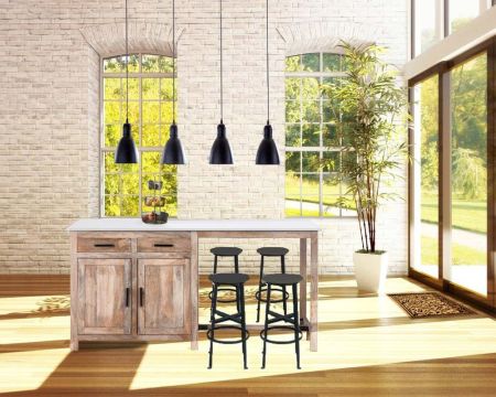 Isla central de madera y cuarzo blanco con zona de comedor «Grand Chef»
