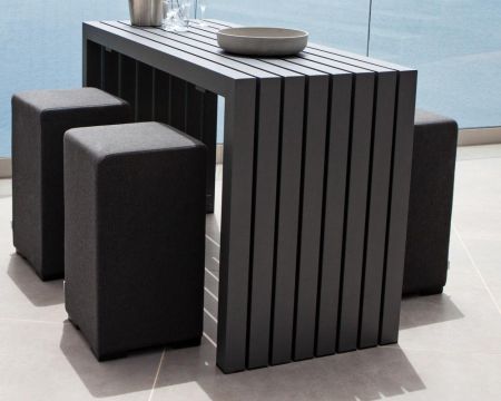 Mesa de bar y 6 taburetes de exterior con tapizado de tela Sunbrella «Java Island»