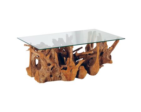 Mesa de salón rectangular de teca con base de raíz y tablero de cristal «Roots»