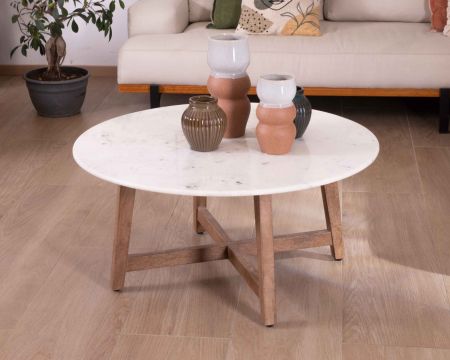 Mesa redonda de mármol de 90 cm con patas oblicuas de madera maciza de mango «Lor»
