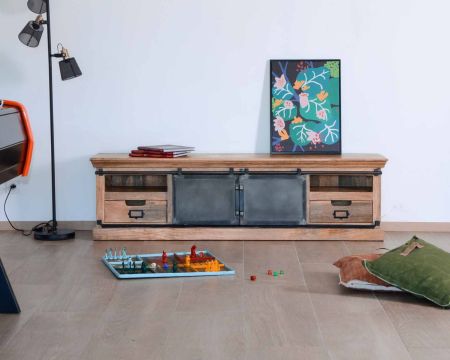 Mueble bajo para televisión de 180 cm, de madera maciza natural y metal gris «Haden»