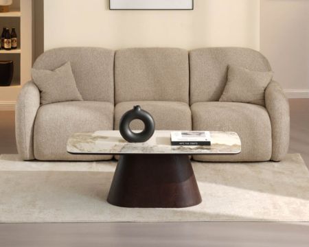 Mesa de centro con tablero de cerámica con efecto de piedra natural «Oria» y pata central con acabado en wengué