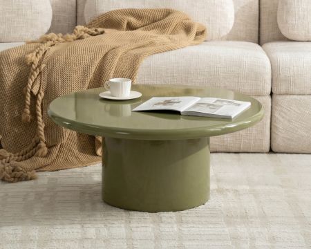 Mesa de centro redonda de 80 cm, de diseño minimalista, lacada en verde salvia, modelo «Nalya», con pata central