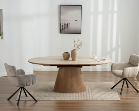 Mesa de comedor extensible de 160 a 200 cm, con tablero de cerámica con efecto travertino «Oria» y base con acabado en roble claro
