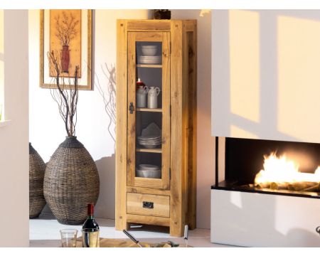 Vitrina de roble macizo aceitado, con 1 puerta y 1 cajón, modelo «Lodge Casita», 180 cm