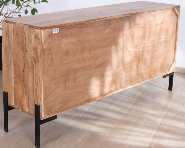 Aparador de 4 puertas de acacia y metal, 160 cm, modelo «Novelli», de estilo zen y minimalista