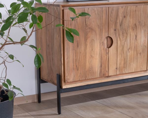 Aparador de 4 puertas de acacia y metal, 160 cm, modelo «Novelli», de estilo zen y minimalista