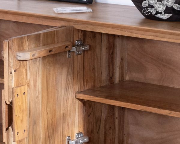 Aparador de 4 puertas de acacia y metal, 160 cm, modelo «Novelli», de estilo zen y minimalista