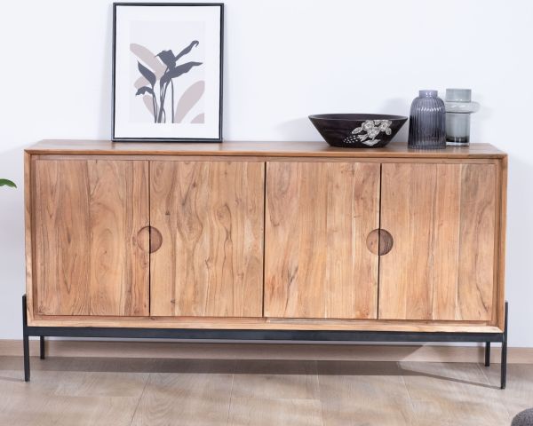 Aparador de 4 puertas de acacia y metal, 160 cm, modelo «Novelli», de estilo zen y minimalista