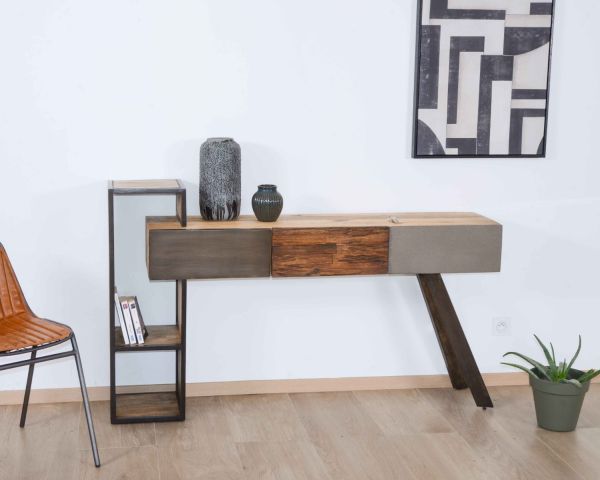Consola de diseño moderno con espacio de almacenamiento en madera, metal y cemento «Mezzo»