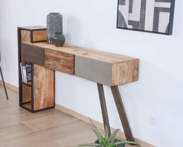 Consola de diseño moderno con espacio de almacenamiento en madera, metal y cemento «Mezzo»