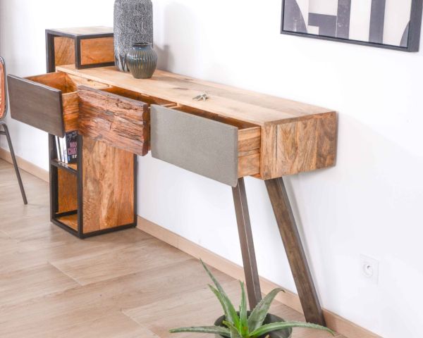 Consola de diseño moderno con espacio de almacenamiento en madera, metal y cemento «Mezzo»