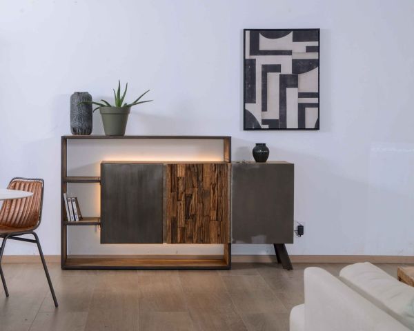 Aparador de diseño en madera maciza con LED y detalles en metal y cemento «Mezzo»