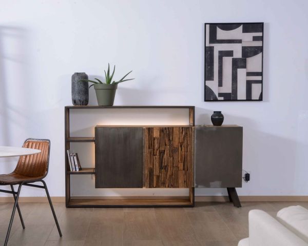 Aparador de diseño en madera maciza con LED y detalles en metal y cemento «Mezzo»
