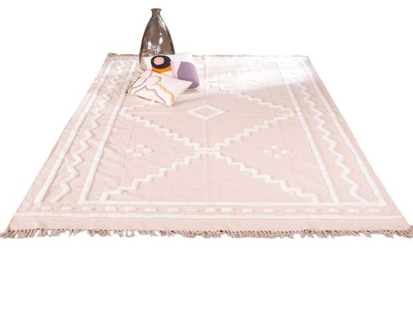 Gran alfombra rectangular de color beige con motivos bordados en blanco «Matis», 200 x 300 cm