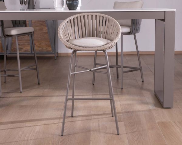 Silla de bar para exterior de aluminio gris champán con respaldo de cuerda tensada